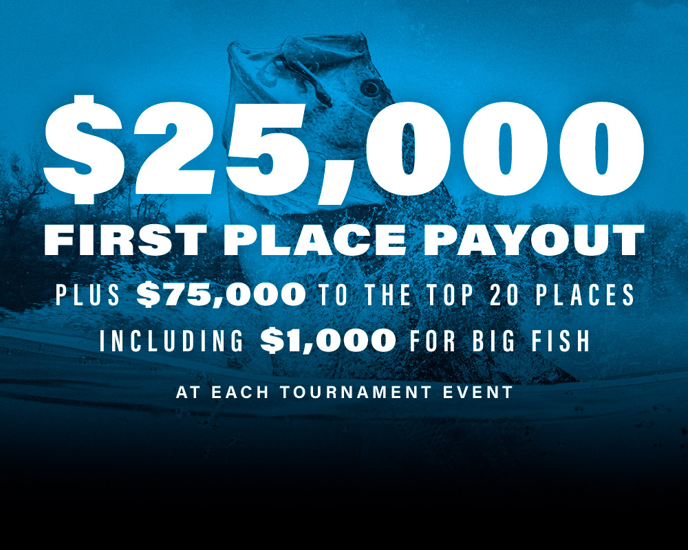 $25,000 first place payout plus $75,000 top the top 20 places including $1,000 for big fish at each tournament event.